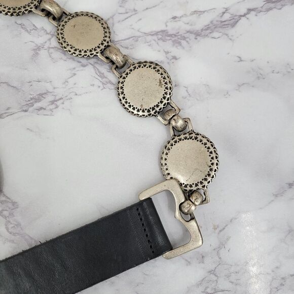 Fossil Vintage Italian Black Leather  and Silver Concho Coin Chain Women's Belt - Picture 2 of 14